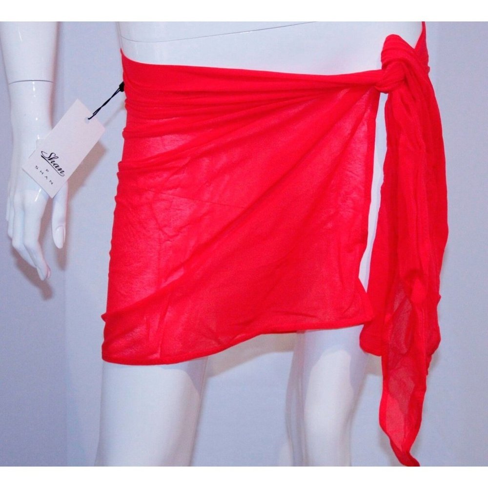 SHAN Sheer Cover Wrap PAREO Red SWIMWEAR Skirt ( M )